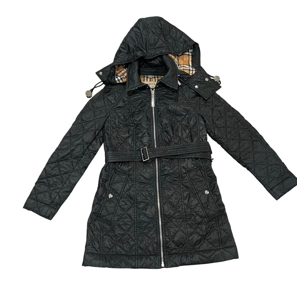 Burberry London Baughton Black Quilted Belted Removable Hood Jacket Size Small